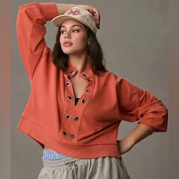 Pilcro Kamrie Pieced Popover Top Red Coral Size Large Oversized Sweatshirt - Picture 4 of 13